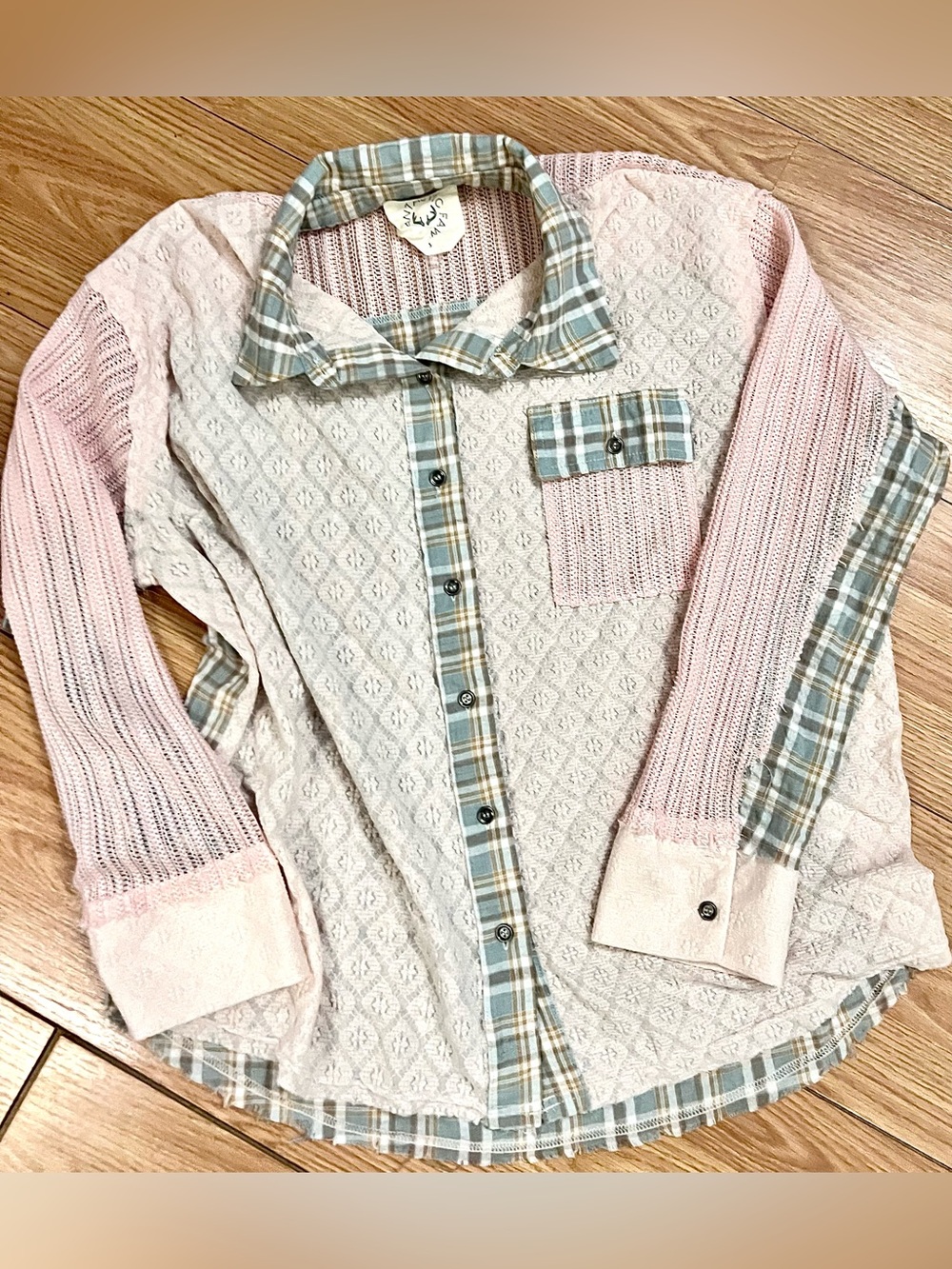 Fantastic Fawn Pink & Cream Knit Button-Down with Plaid Trim